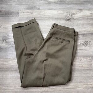 Vintage Claiborne Mens Olive Green Pleated Cuffed‎ Dress Pants Trousers 34x29